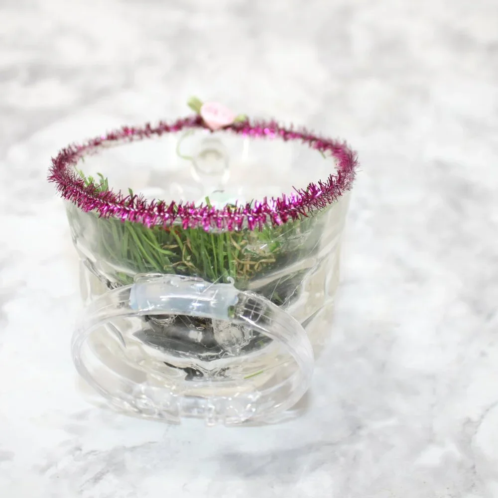 HAND CRAFTED Cat Gray Spring Decor Ornament Upcycled Cup Grass Animal Pet Floral